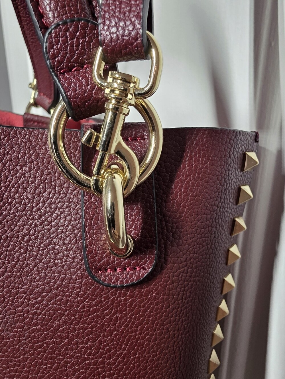 Studded Burgundy Leather Bucket Bag - Picture 13 of 16